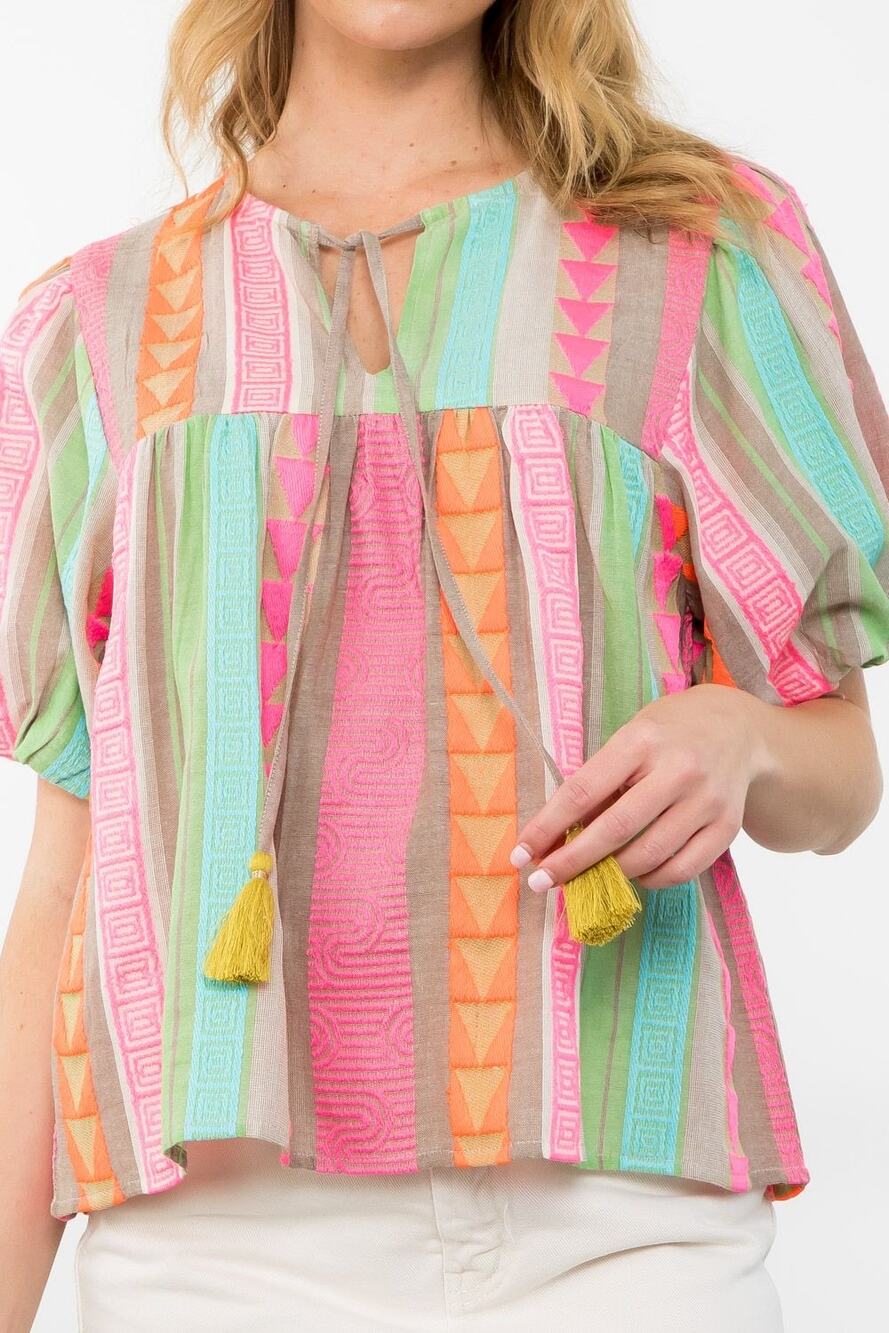 THML Embroidered Striped Puff Sleeve Tassel Tie Top Blouse Boho Pink Medium M